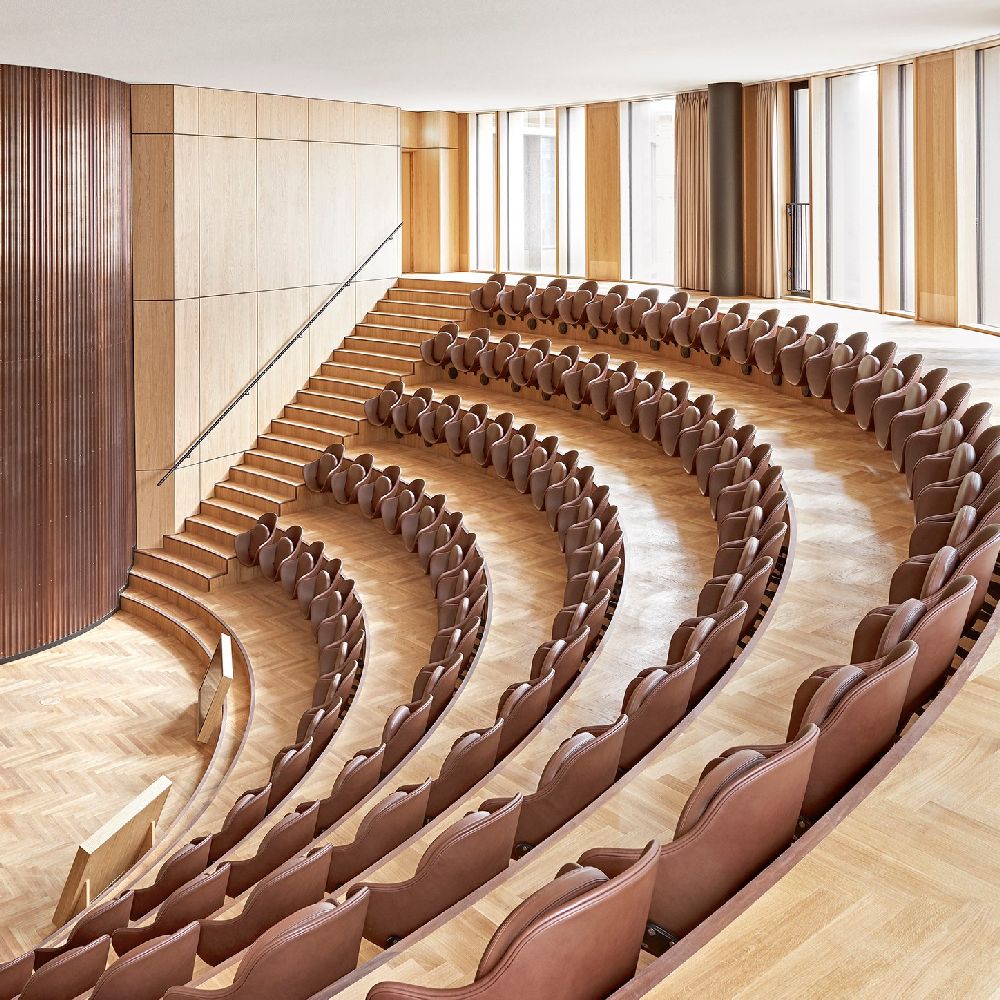 Auditorium with brown leather seats crafted in Sørensen Leather