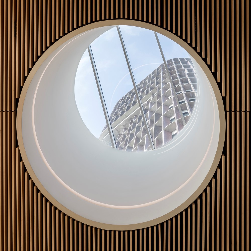 View to the Mærk Tower through a round window